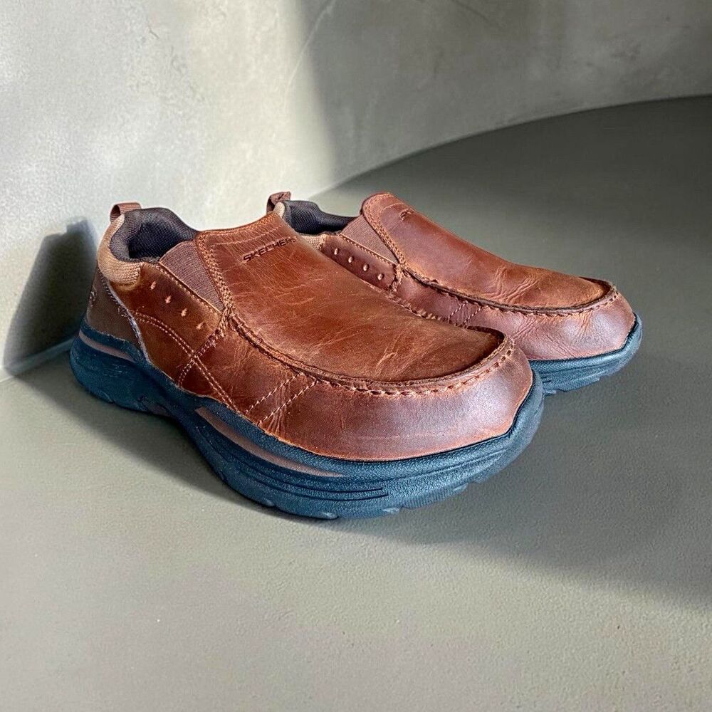 Skechers Expended Seveno Mens 8 Extra Wide Brown Leather Slip On Shoes 66146
